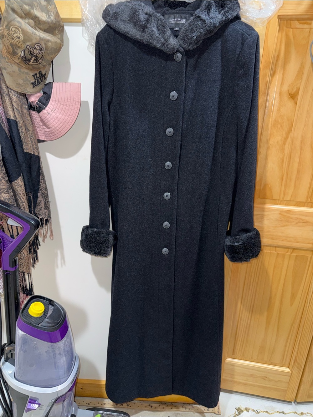 Black Faux Fur-Trim Long Pea Coat by Donny brook